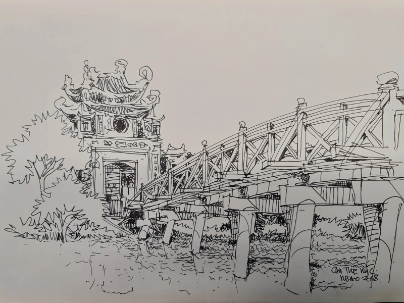 Tranh Hồ Gươm chất liệu chì than, phong cách ký họa