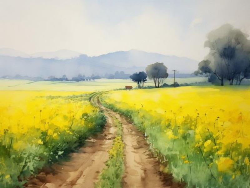 Top 13+ Tranh phong cảnh màu nước đẹp nhất hiện nay - Artnam 7 Con đường mùa vàng – khi nước rút, hoa nở rợp trời, dẫn lối về miền bình yên
