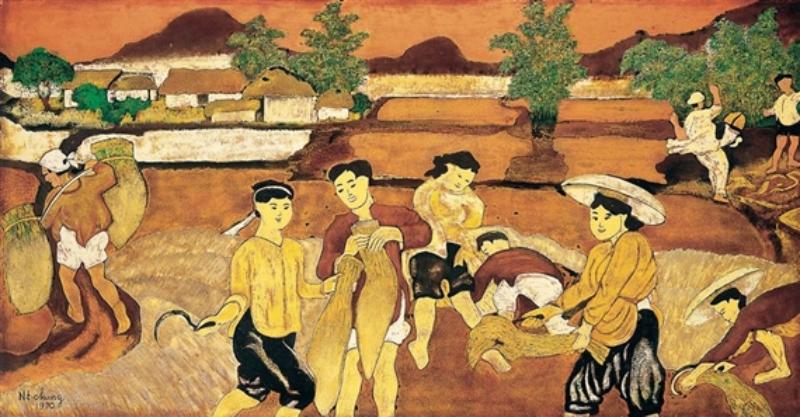 “Mùa gặt” khắc họa khung cảnh lao động rộn ràng trên những cánh đồng lúa chín vàng óng. Hình ảnh người nông dân miệt mài gặt hái, tiếng cười xen lẫn mùi hương lúa mới gợi nên cảm giác ấm áp, no đủ.