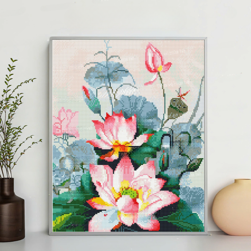 Tranh đính đá đóa sen hồng tỏa hương thơm