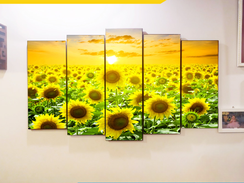 Tranh hoa hướng dương in ép gỗ hoặc canvas dạng bộ 3–5 tấm đẹp.