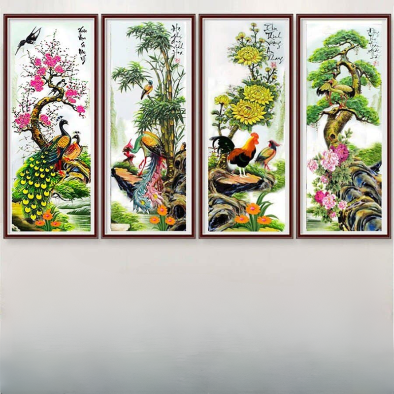 Tranh đính đá đào trúc cúc tùng