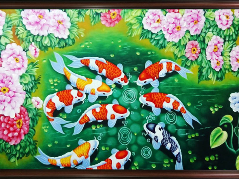 Tranh cửu ngư quần hội kết hợp hoa mẫu đơn