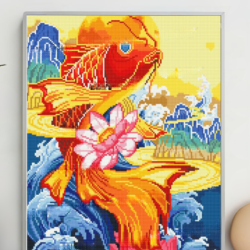 Tranh đính đá tự làm hình ảnh cá chép vượt long môn