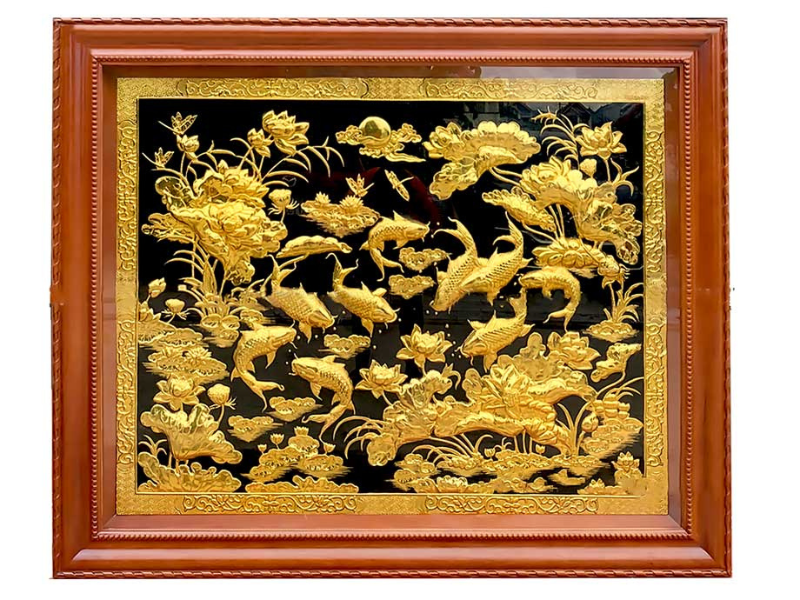 Tranh Cửu Ngư Quần Hội mạ vàng 24K