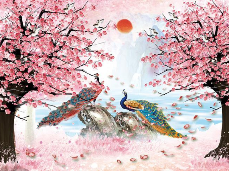 Tranh hoa đào đôi phượng hoàng sơn dầu đẹp tượng trưng cho sự gắn kết, hòa hợp và hạnh phúc giữa các thành viên trong gia đình.