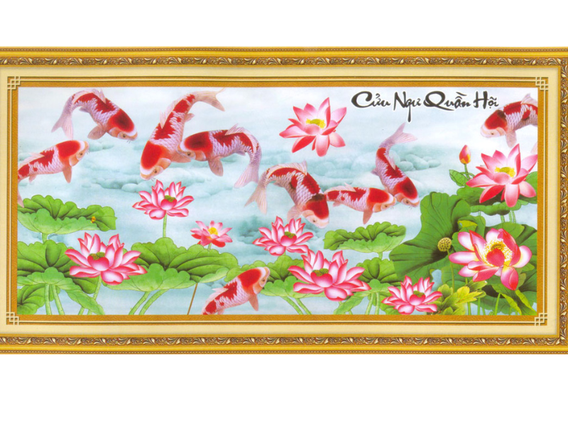 Tranh cửu ngư quần hội thêu tay