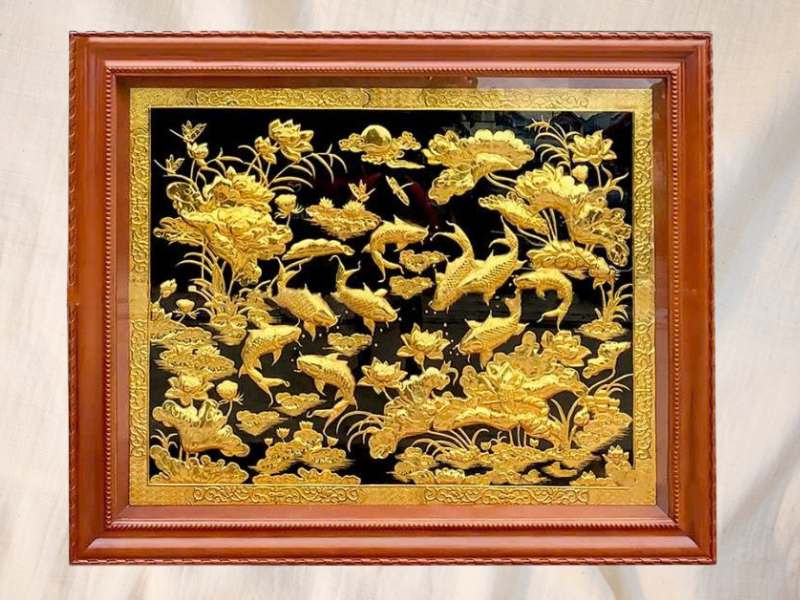 Tranh cửu ngư quần hội dát vàng