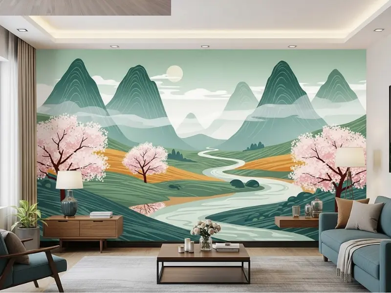Tranh dán tường phòng khách hoa anh đào
