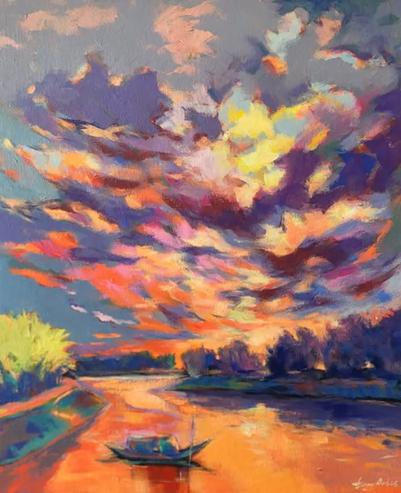 Bầu trời rực lửa và khoảnh khắc huy hoàng của hoàng hôn trên sông