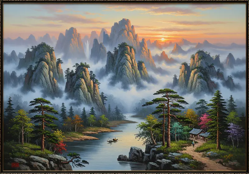 Bình minh trên đỉnh núi, sông uốn lượn, tranh phong cảnh đẹp