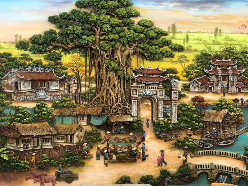 Cây đa cổ thụ bên đình làng, ngõ đá và bóng người thong thả