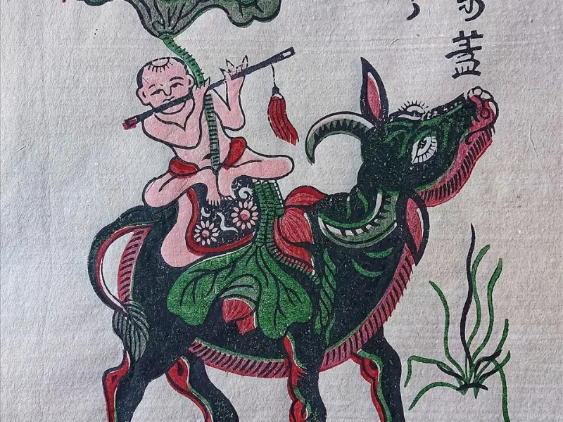 Tranh Đông Hồ Chăn Trâu Thổi Sáo khung lụa treo tường 3 Hình ảnh cậu bé mục đồng hòa hợp với thiên nhiên