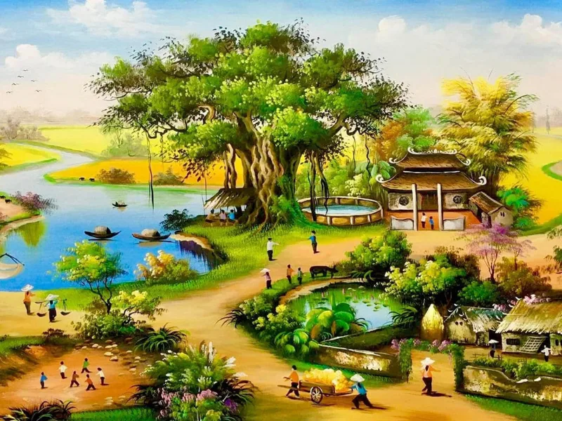 Lối mòn lát đá dẫn vào ngôi nhà sàn cạnh nước