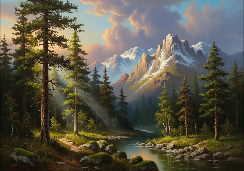 Phong cảnh núi rừng hùng vĩ, tranh sơn dầu nghệ thuật.