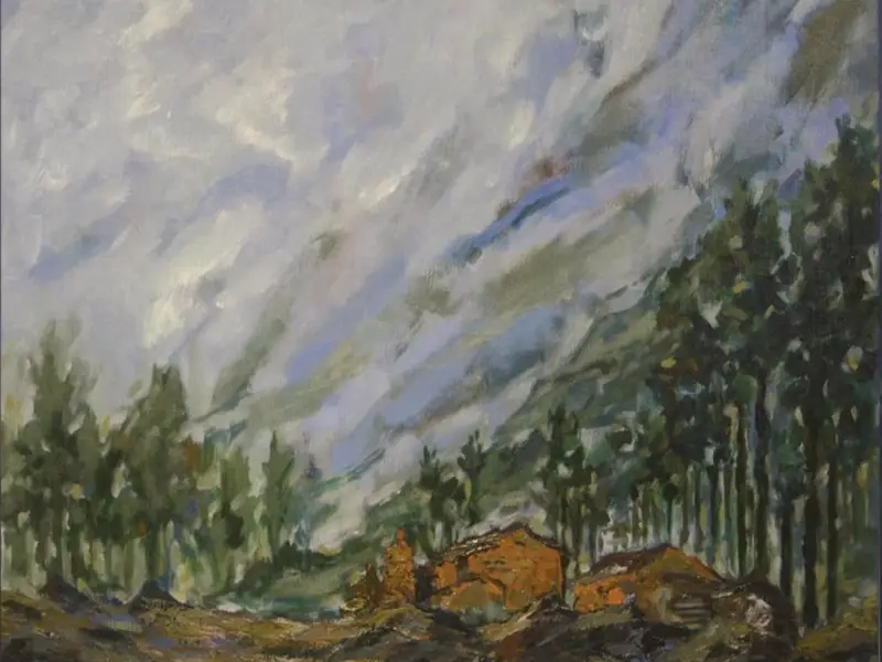 Phong cảnh rừng cây u tịch dưới bầu trời vần vũ