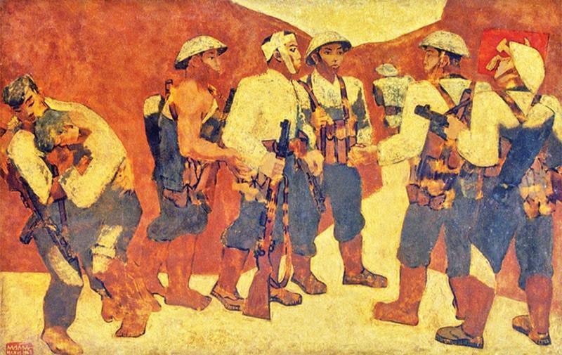 “Kết nạp Đảng ở Điện Biên Phủ” của họa sĩ Nguyễn Sáng là tác phẩm tiêu biểu của mỹ thuật cách mạng Việt Nam, ghi lại khoảnh khắc trang nghiêm và cảm động khi một chiến sĩ được kết nạp vào Đảng ngay giữa chiến trường Điện Biên Phủ năm 1954