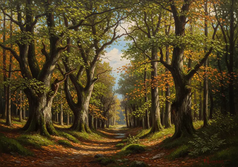 Rừng cây cổ thụ xanh mát, ánh nắng xuyên qua, tranh thiên nhiên