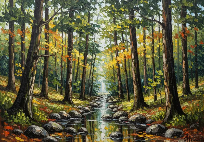 Rừng cây xanh cạnh bờ suối