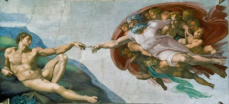 Bức bích họa "Sự sáng tạo của Adam" của Michelangelo, một phần của tác phẩm trang trí trần nhà nguyện Sistine, miêu tả khoảnh khắc Thượng Đế ban sự sống cho Adam