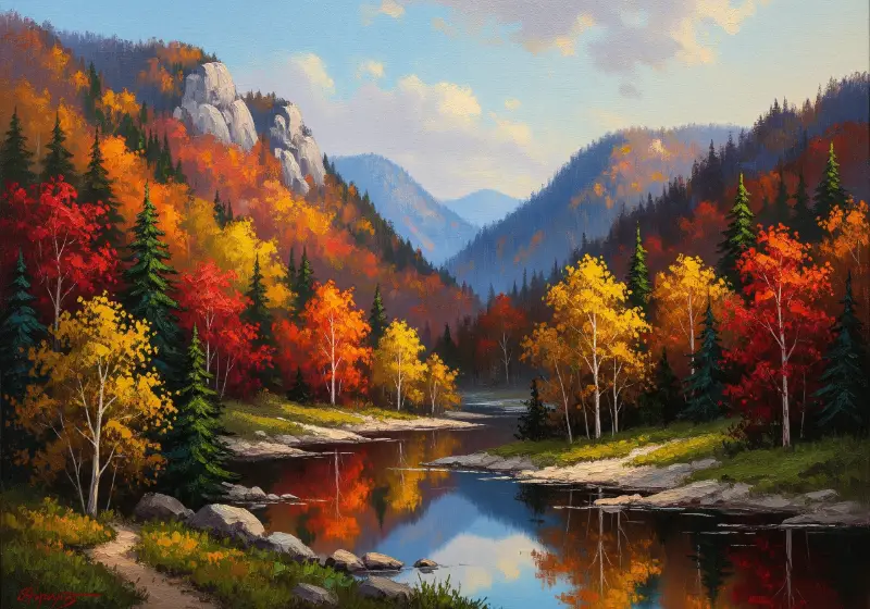 Thung lũng mùa thu rực rỡ, suối chảy êm đềm, tranh phong cảnh.