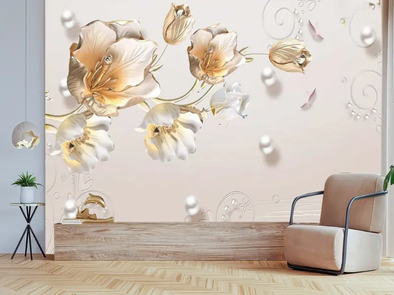 Tranh dán tường Hoa 3D Trắng-Gold