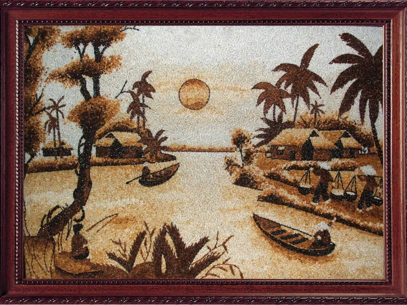 Tranh gạo làng chài hoàng hôn