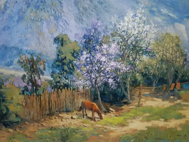 Tranh sơn dầu phong cảnh làng quê miền núi yên bình với sắc hoa đào