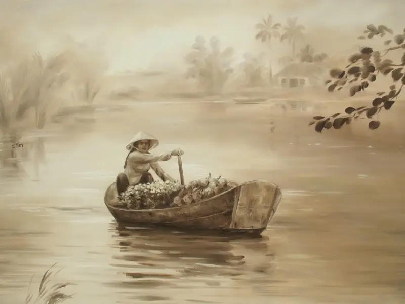 Tranh vẽ Chợ nổi miền tây