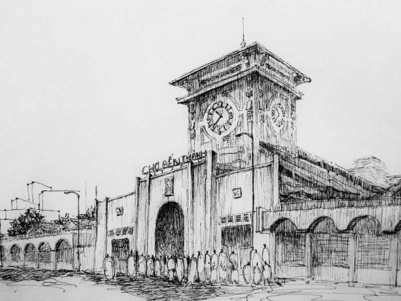 Tranh vẽ Sài Gòn - Chợ Bến Thành