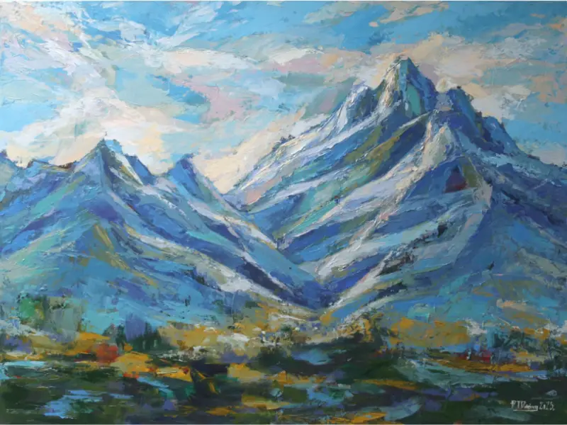 Vẻ đẹp hùng vĩ của dãy núi tuyết được thể hiện qua những nét cọ mạnh mẽ