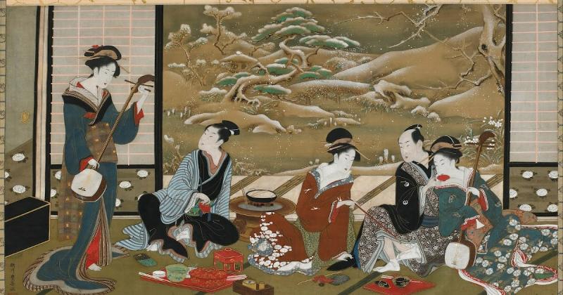 Bức tranh “Bữa tiệc mùa đông” của Utagawa Toyoharu có bảng màu sống động, mạnh mẽ