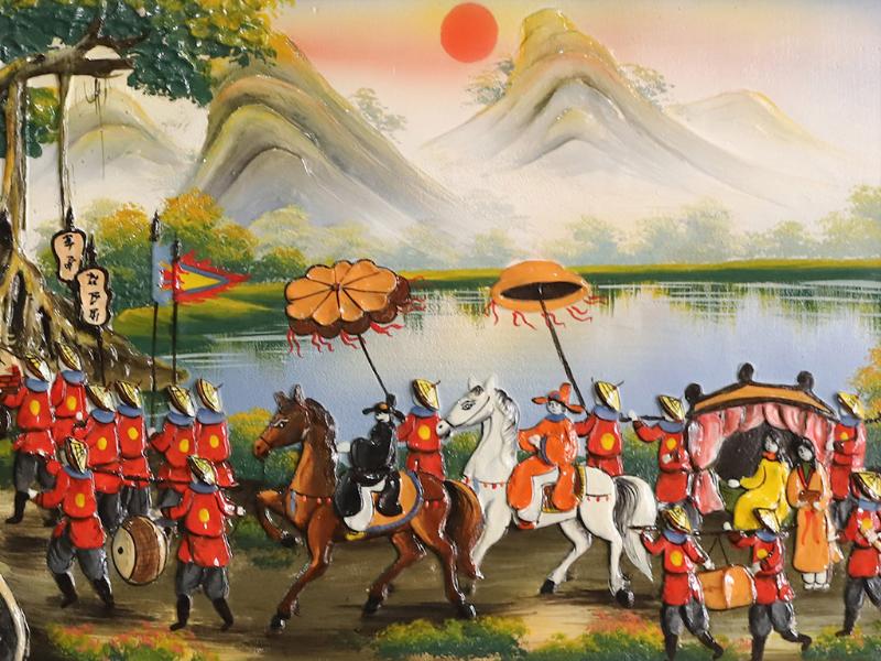 Bức tranh miêu tả chi tiết đoàn người rước trạng nguyên về làng