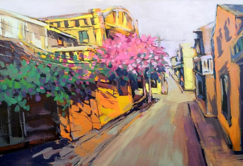 Bức tranh này miêu tả một góc phố cổ kính với những gam màu ấm nóng
