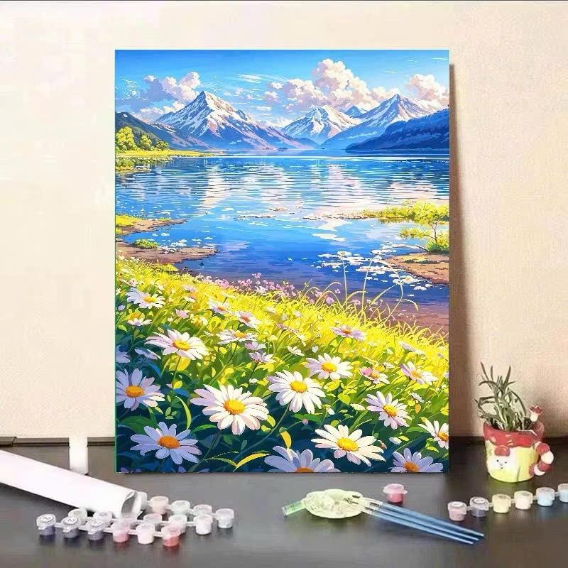 Bức tranh phong cảnh núi non và hoa dại trang trí cho không gian