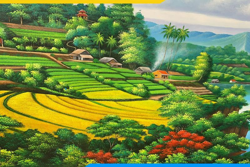 Cảnh ruộng bậc thang mùa lúa chín với những thửa ruộng vàng óng ả