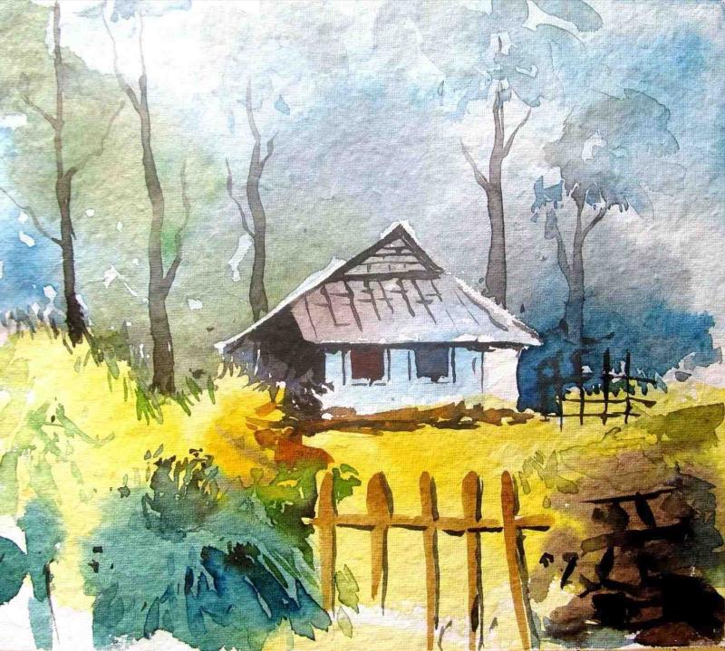 Top 13+ Tranh phong cảnh màu nước đẹp nhất hiện nay - Artnam 10 Ngôi nhà trong sương – giữa mùa nước, bình yên vẫn neo đậu nơi miền quê