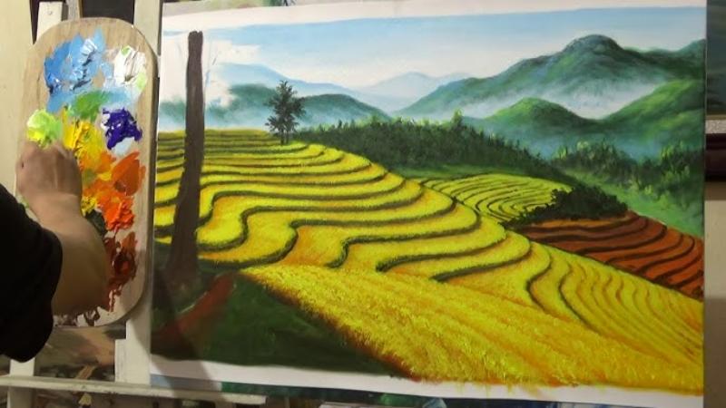 Tranh ruộng bậc thang màu nước