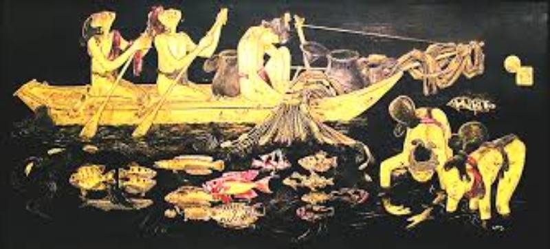 “Đánh cá đêm trăng” tái hiện khung cảnh lao động bình dị nhưng thơ mộng của ngư dân dưới ánh trăng vằng vặc