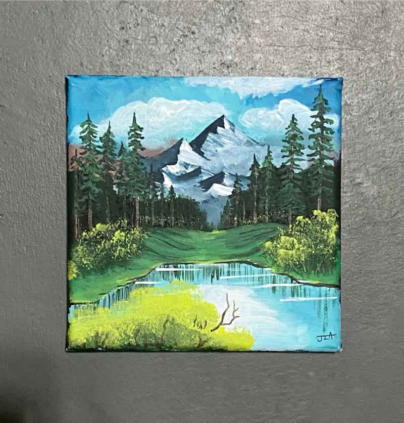 Tranh 3D phong cảnh núi tuyết và hồ nước nhỏ