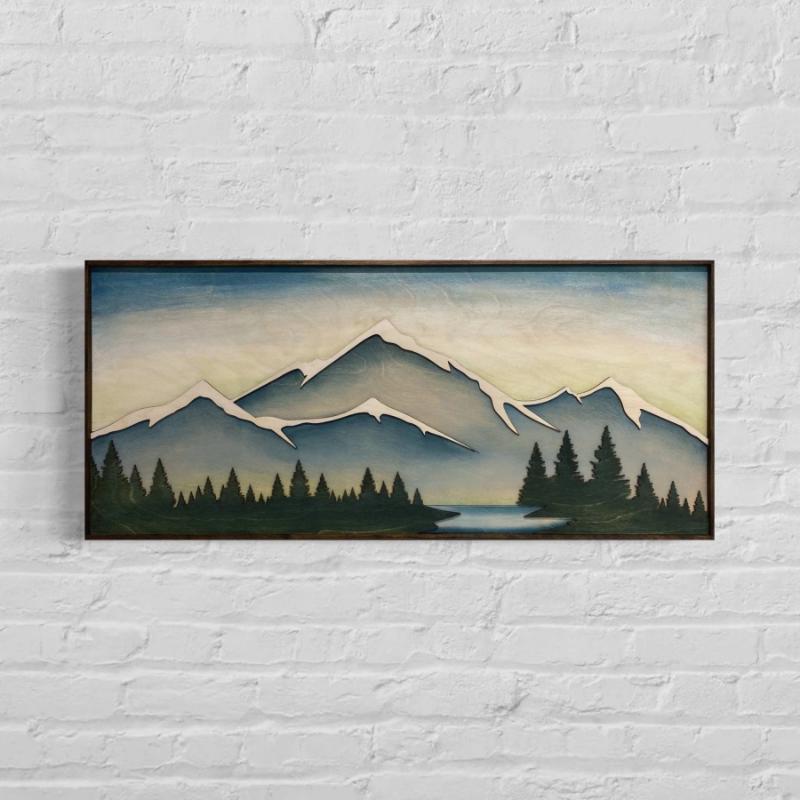 Tranh 3D tối giản phong cảnh núi và rừng cây