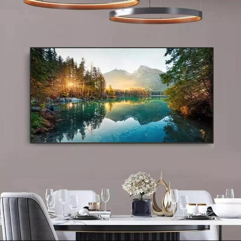 Tranh 3D phong cảnh hồ nước, rừng cây dưới ánh hoàng hôn