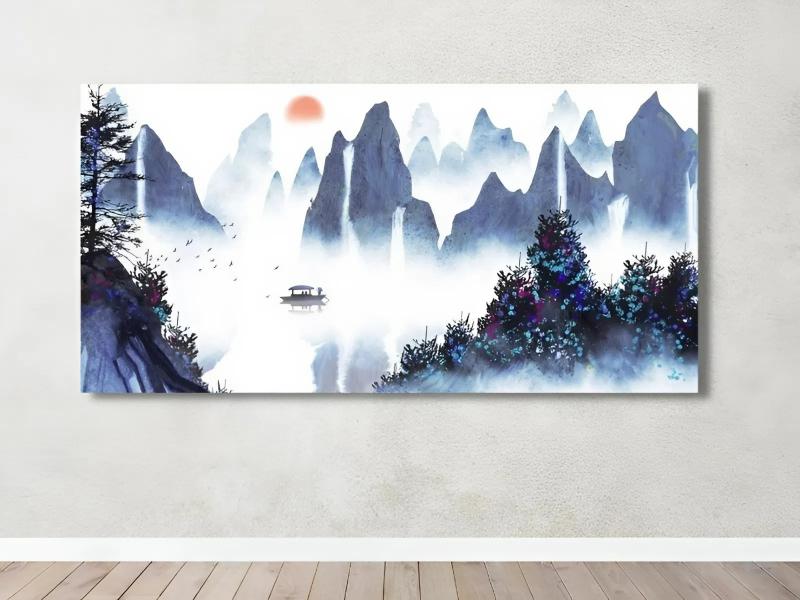 Tranh phong thủy mặc núi non, sông nước, thuyền độc mộc