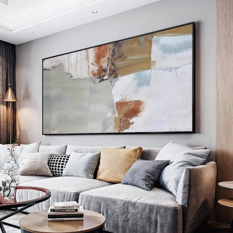 Tranh trừu tượng khổ lớn với các khối màu xám, trắng, nâu đất