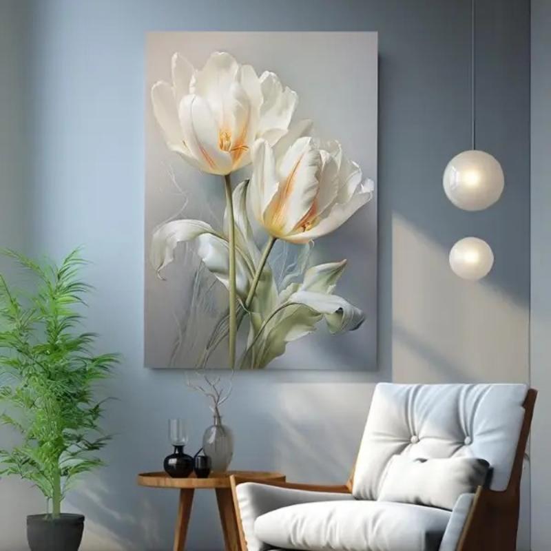 Tranh sơn dầu hai bông tulip trắng cho không gian vintage hoặc Bắc Âu