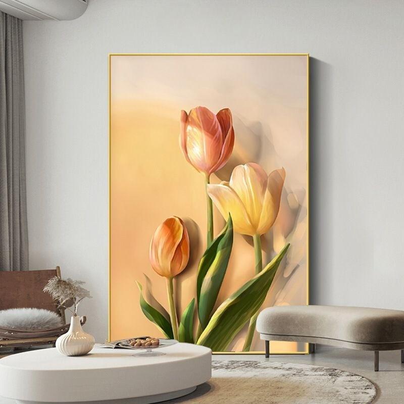 Tranh hoa tulip 3D tông cam vàng làm điểm nhấn cho phòng khách