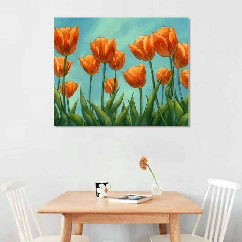 Tranh hoa tulip cam rực rỡ treo tường phòng ăn