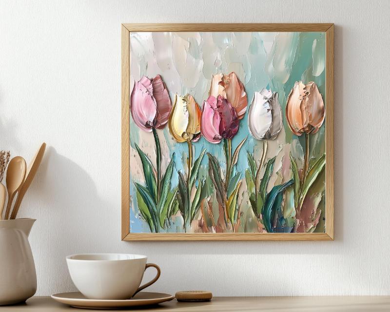 Tranh canvas hoa tulip hồng pastel cho văn phòng hoặc quán cà phê