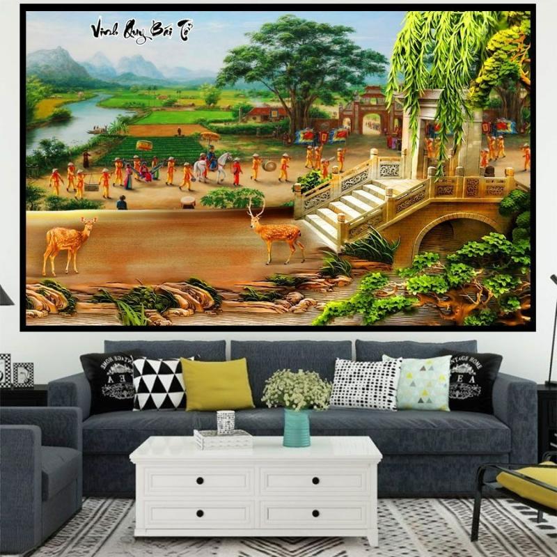 Mẫu tranh thêu vinh quy bái tổ kích thước lớn treo trong phòng khách