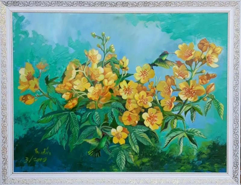 Một bức tranh hoa mai vàng rực rỡ, là biểu tượng của mùa xuân